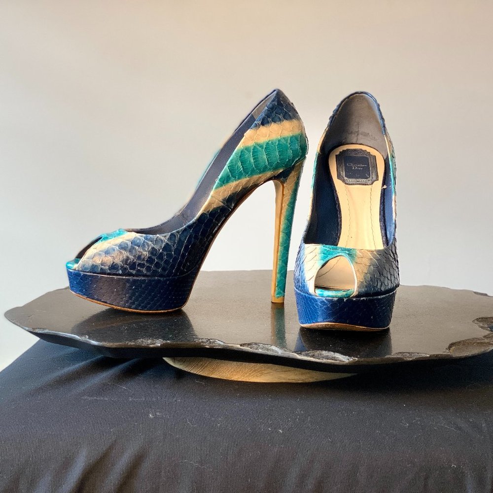 Dior Multicolor Python Leather Peep Toe Platform … - image 1